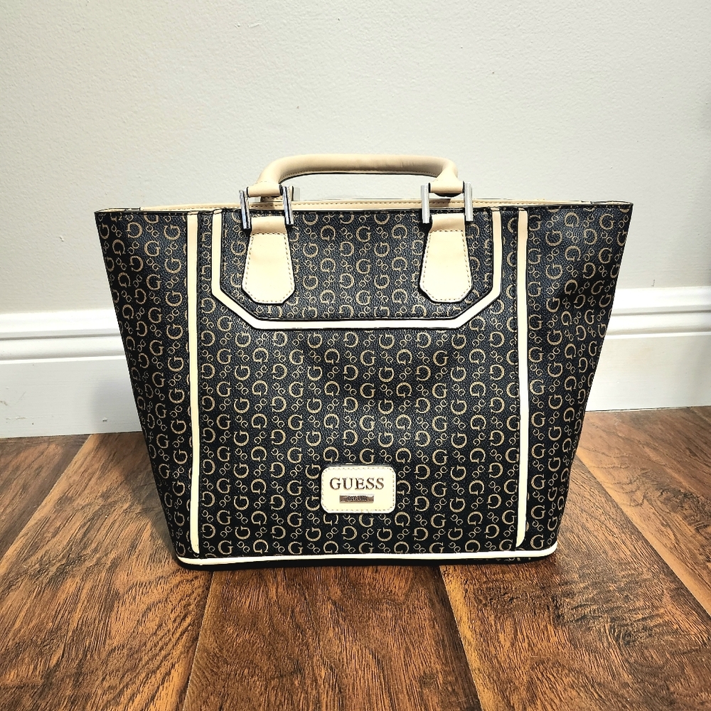 Guess Black and Tan Structured Satchel Bag